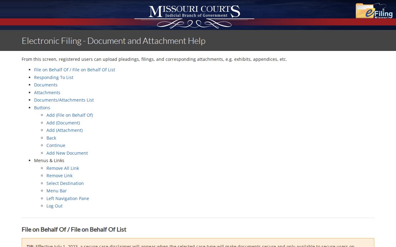 Camden County civil docket Missouri eFiling document and attachment controls