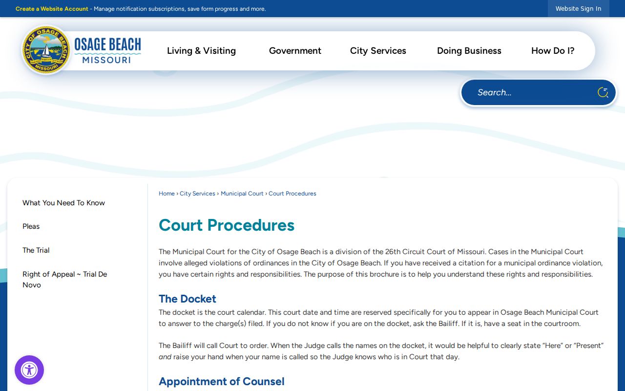 Camden County court calendar Osage Beach court procedures page