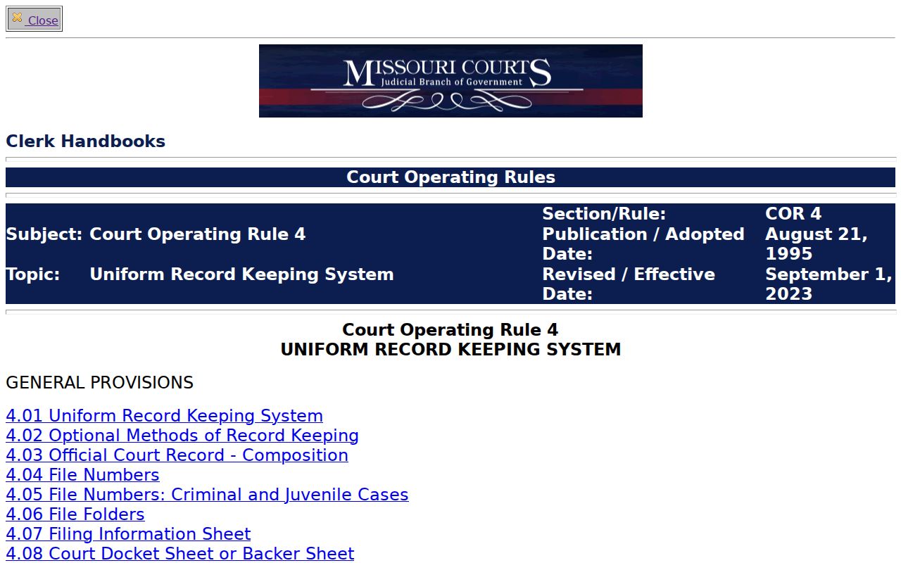 Camden County criminal docket Missouri Court Operating Rule 4 recordkeeping material