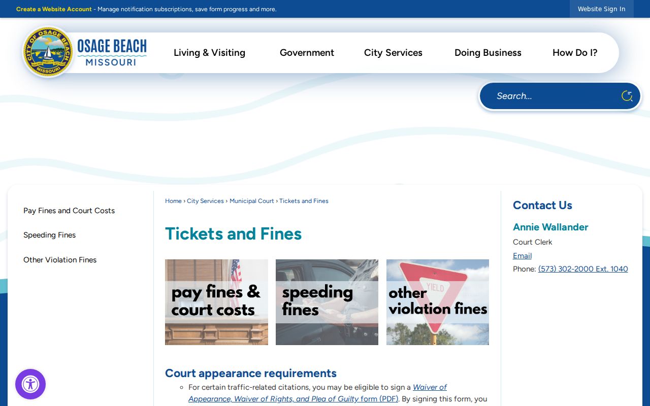 Camden County traffic court records official Osage Beach tickets and fines instructions